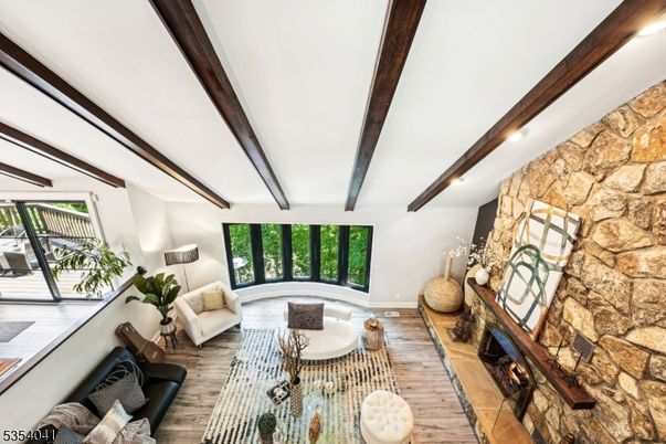 Fireplace, Interior, Living room, Stone Walls, Wooden Beams, Wood Texture Flooring