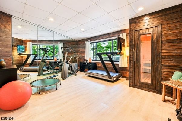 Fitness Equipment, Interior, Recessed Lighting, Wood Texture Flooring, Wooden Walls
