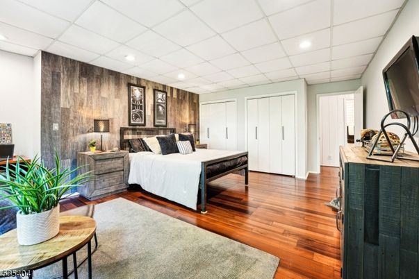 Bedroom, Interior, Recessed Lighting, Wood Texture Flooring, Wooden Walls