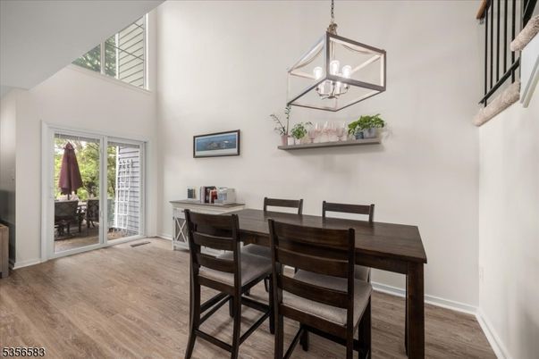 Dining room, Interior, Pendant Lights, Wood Texture Flooring