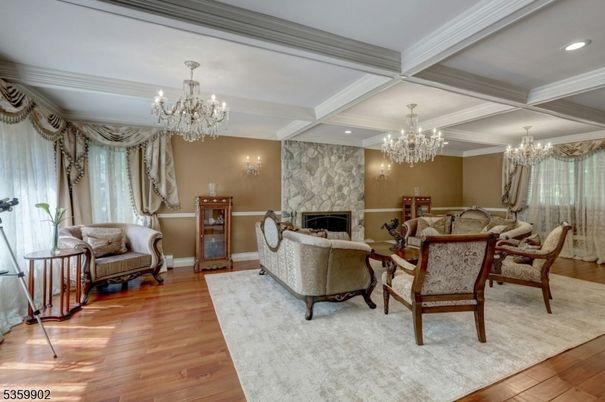 Chandelier, Dining room, Fireplace, Interior, Living room, Recessed Lighting, Wood Texture Flooring