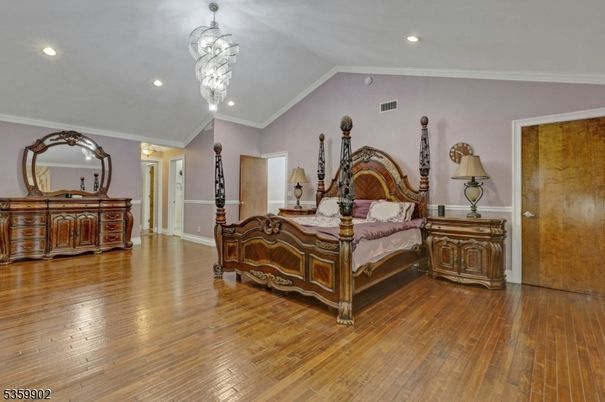 Bedroom, Chandelier, Interior, Recessed Lighting, Wood Texture Flooring