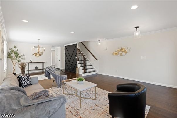 Chandelier, Interior, Living room, Recessed Lighting, Wood Texture Flooring