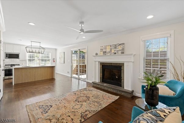 Fireplace, Interior, Kitchen, Recessed Lighting, Wood Texture Flooring