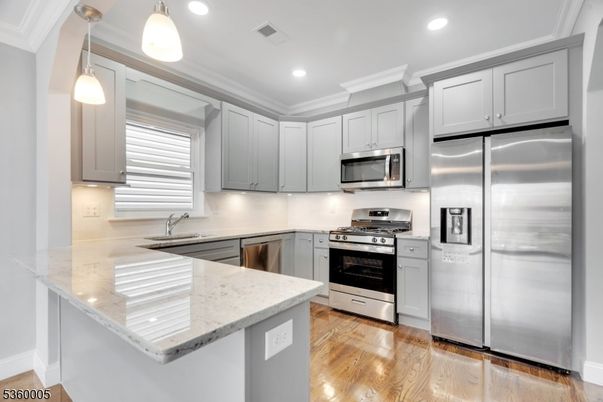 Interior, Kitchen, Pendant Lights, Recessed Lighting, Stainless Steel Appliances, Wood Texture Flooring