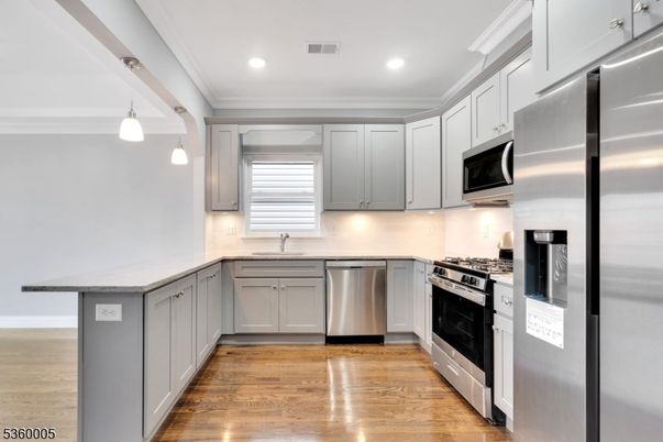Interior, Kitchen, Pendant Lights, Recessed Lighting, Stainless Steel Appliances, Wood Texture Flooring