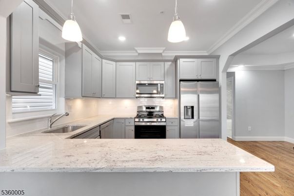 Interior, Kitchen, Pendant Lights, Recessed Lighting, Stainless Steel Appliances, Wood Texture Flooring