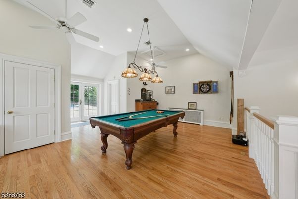 Billiard Table, Chandelier, Game Room, Interior, Recessed Lighting, Wood Texture Flooring