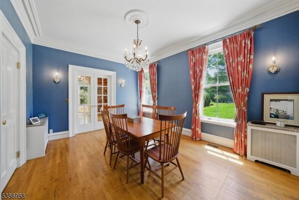 Chandelier, Dining room, Interior, Wood Texture Flooring