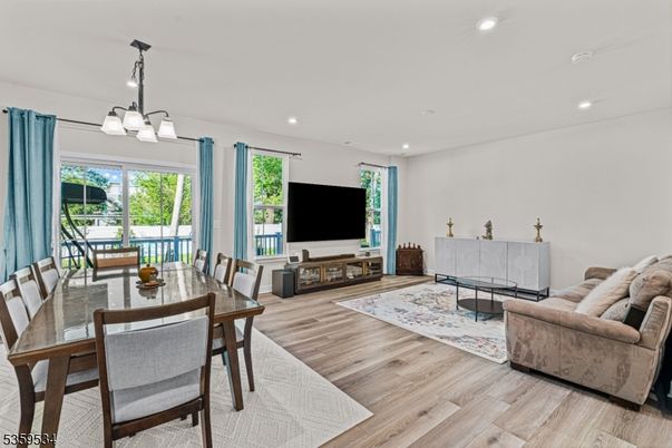 Chandelier, Dining room, Interior, Living room, Recessed Lighting, Wood Texture Flooring
