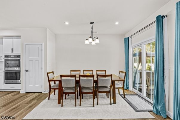 Dining room, Interior, Kitchen, Pendant Lights, Recessed Lighting, Wood Texture Flooring