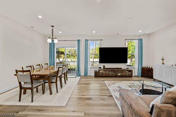Dining room, Interior, Pendant Lights, Recessed Lighting, Wood Texture Flooring