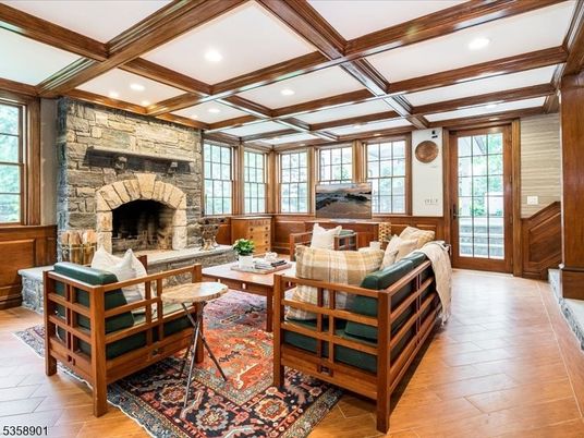 Fireplace, Interior, Living room, Recessed Lighting, Stone Walls, Wooden Beams, Wood Texture Flooring