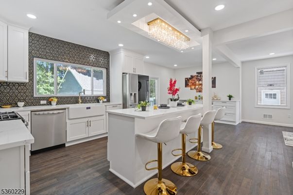 Chandelier, Interior, Kitchen, Recessed Lighting, Stainless Steel Appliances, Wood Texture Flooring