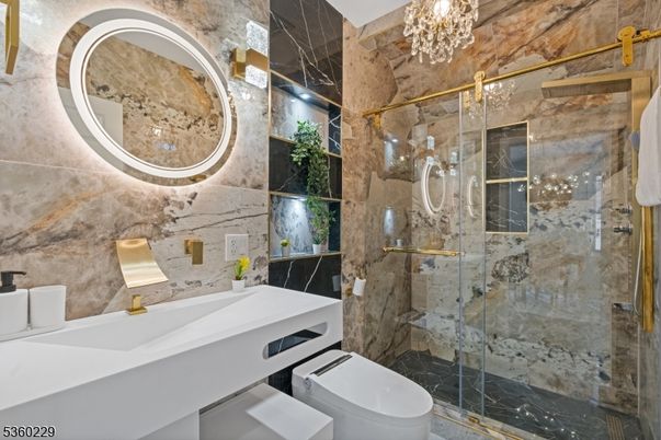 Bathroom, Chandelier, Glass Shower, Interior