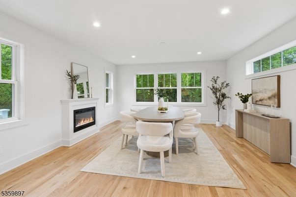 Dining room, Fireplace, Interior, Recessed Lighting, Wood Texture Flooring