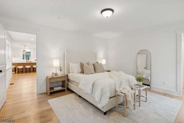 Bedroom, Interior, Pendant Lights, Recessed Lighting, Wood Texture Flooring