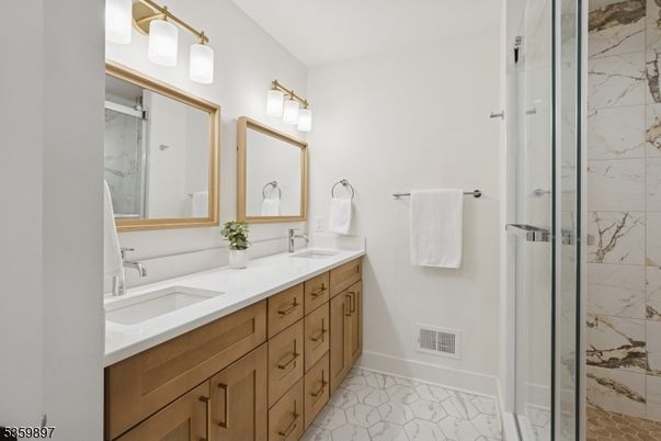 Bathroom, Dual Sink Vanities, Glass Shower, Interior, Marble, Marble Walls