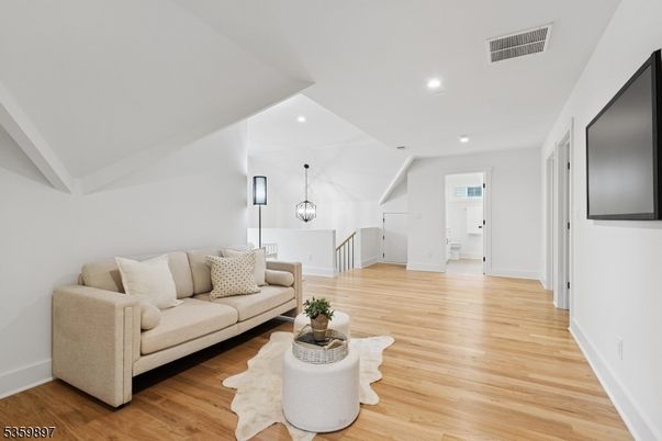 Interior, Living room, Pendant Lights, Recessed Lighting, Wood Texture Flooring