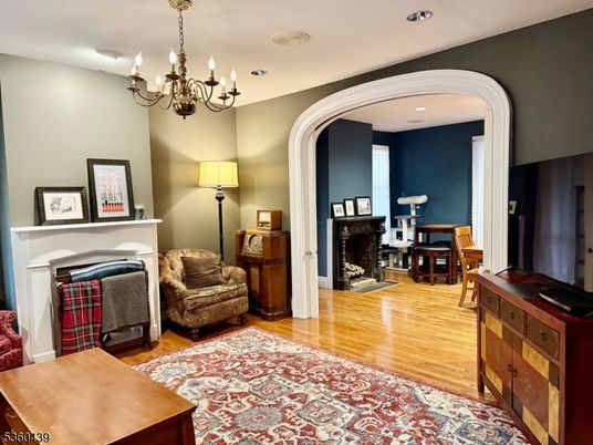 Chandelier, Fireplace, Interior, Recessed Lighting, Wood Texture Flooring