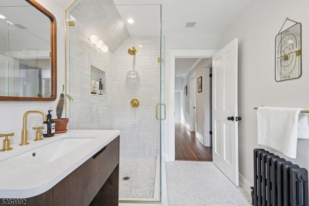 Bathroom, Glass Shower, Interior, Recessed Lighting, Wood Texture Flooring
