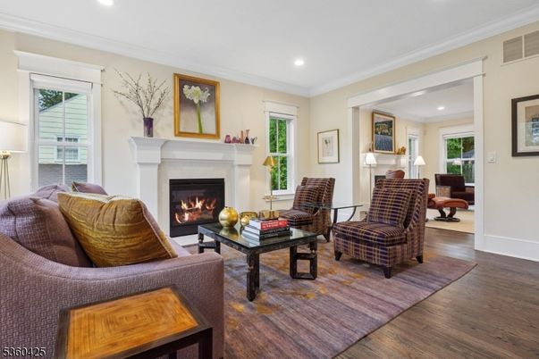 Fireplace, Interior, Living room, Recessed Lighting, Wood Texture Flooring