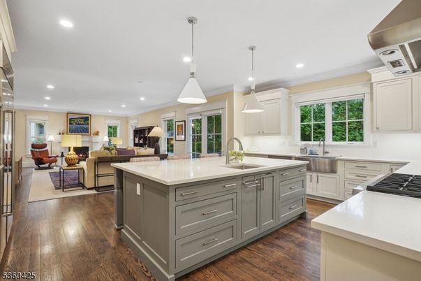 Fireplace, Interior, Kitchen, Living room, Pendant Lights, Recessed Lighting, Stainless Steel Appliances, Wood Texture Flooring