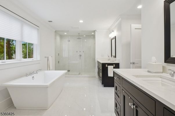 Bathroom, Dual Sink Vanities, Free Standing Baths, Glass Shower, Interior, Marble, Recessed Lighting