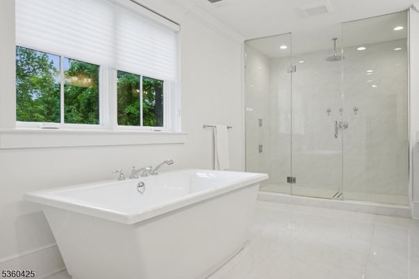 Bathroom, Free Standing Baths, Glass Shower, Interior, Marble, Marble Walls, Recessed Lighting