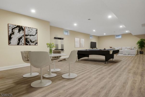 Billiard Table, Dining room, Game Room, Interior, Recessed Lighting, Wood Texture Flooring