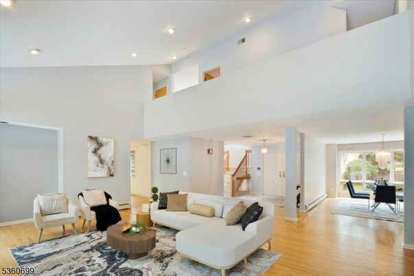 Dining room, Interior, Living room, Pendant Lights, Recessed Lighting, Wood Texture Flooring