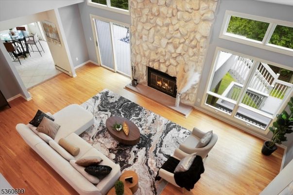 Dining room, Fireplace, Interior, Living room, Stone Walls, Wood Texture Flooring