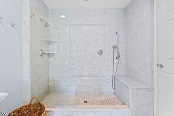 Bathroom, Glass Shower, Interior, Marble Walls, Recessed Lighting