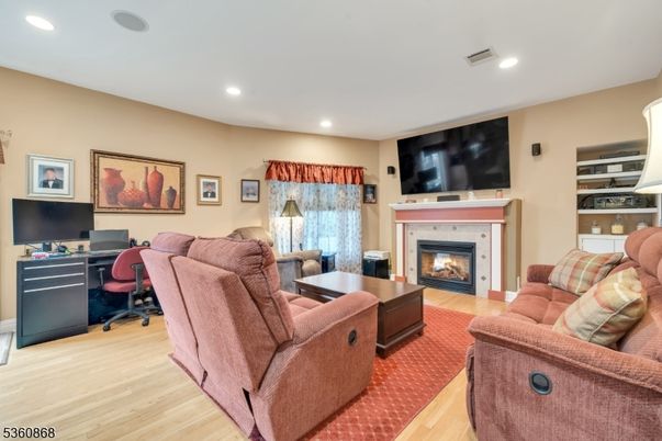 Fireplace, Home Office, Interior, Living room, Recessed Lighting, Wood Texture Flooring