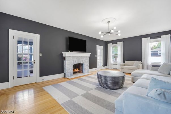 Fireplace, Interior, Living room, Pendant Lights, Wood Texture Flooring