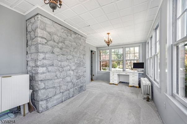 Chandelier, Home Office, Interior, Stone Walls