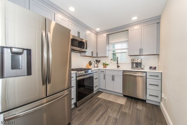 Interior, Kitchen, Recessed Lighting, Stainless Steel Appliances, Wood Texture Flooring