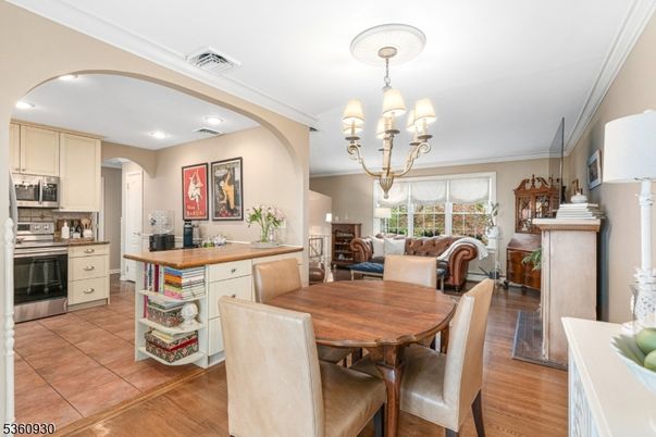 Chandelier, Dining room, Interior, Kitchen, Living room, Recessed Lighting, Wood Texture Flooring