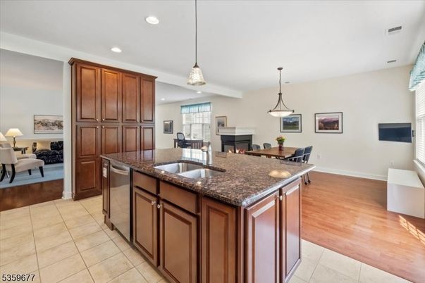 Dining room, Fireplace, Interior, Kitchen, Living room, Pendant Lights, Recessed Lighting, Wood Texture Flooring