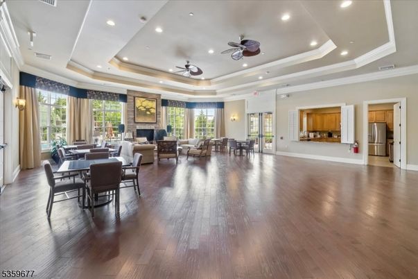 Dining room, Interior, Living room, Recessed Lighting, Wood Texture Flooring