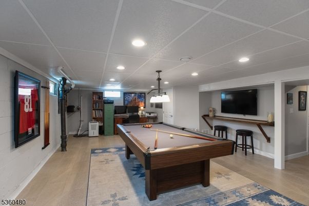Billiard Table, Game Room, Interior, Pendant Lights, Recessed Lighting, Wood Texture Flooring