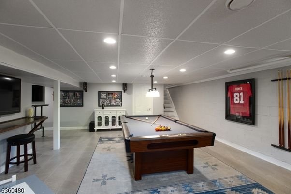 Billiard Table, Game Room, Interior, Pendant Lights, Recessed Lighting, Wood Texture Flooring