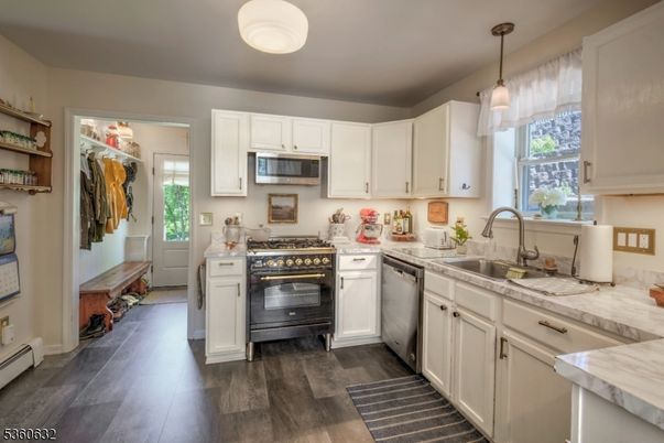 Interior, Kitchen, Pendant Lights, Stainless Steel Appliances, Wood Texture Flooring