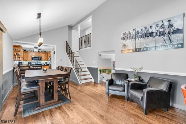 Dining room, Interior, Kitchen, Pendant Lights, Stainless Steel Appliances, Wood Texture Flooring