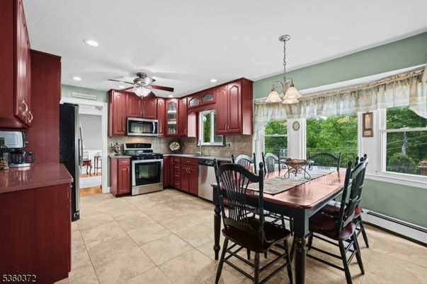 Dining room, Interior, Kitchen, Pendant Lights, Recessed Lighting, Stainless Steel Appliances