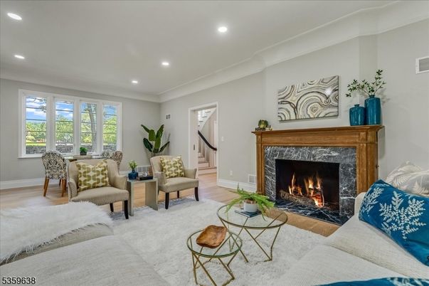 Fireplace, Interior, Living room, Recessed Lighting, Wood Texture Flooring