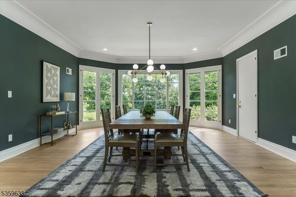 Dining room, Interior, Pendant Lights, Recessed Lighting, Wood Texture Flooring