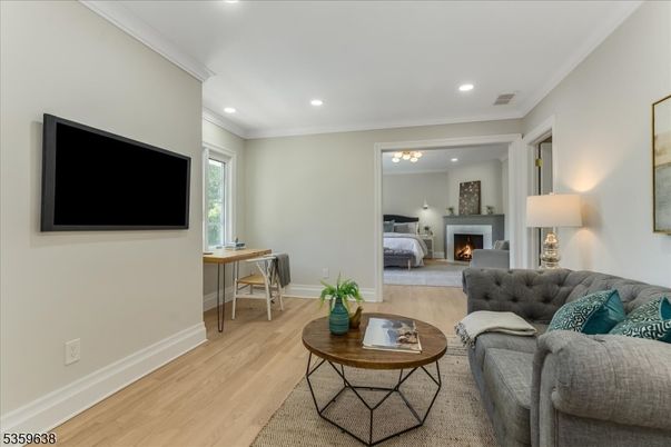 Bedroom, Fireplace, Interior, Living room, Recessed Lighting, Wood Texture Flooring