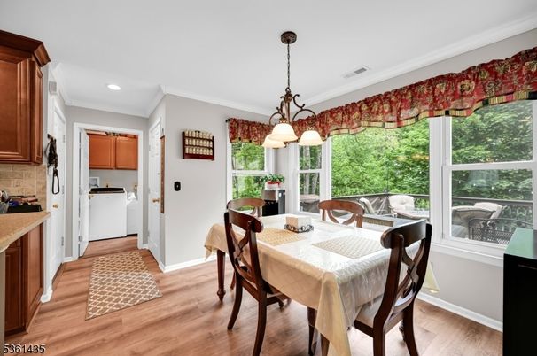 Dining room, Interior, Kitchen, Pendant Lights, Recessed Lighting, Wood Texture Flooring