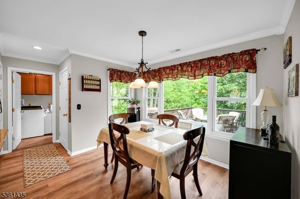 Dining room, Interior, Pendant Lights, Recessed Lighting, Wood Texture Flooring